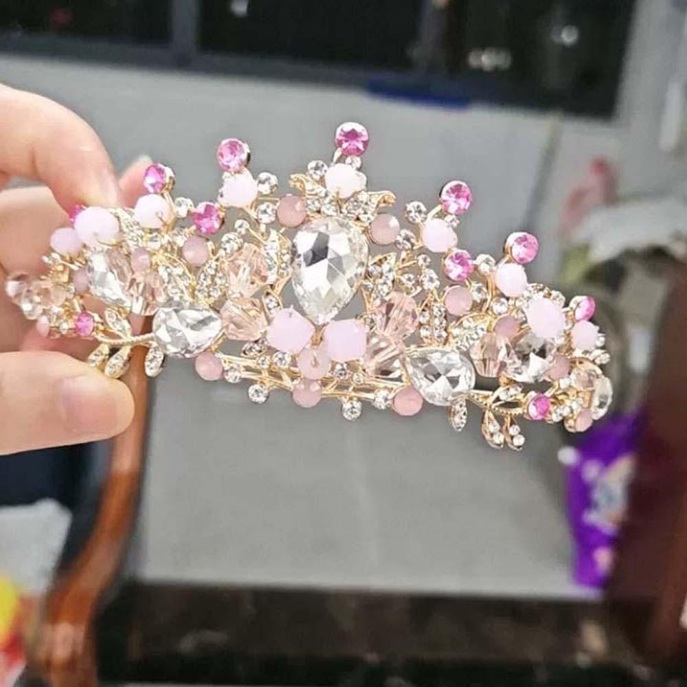 Vintage Pink Floral Crown Shiny Princess Rhinestone Tiara Luxury Crown Hair Accessory  Party