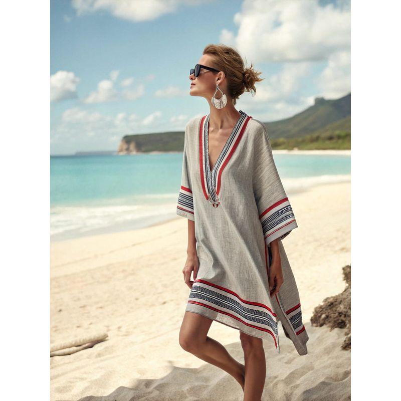 New Amazon Women's Clothing Super Fairy V-Neck Dress Seaside Vacation Beach Dress Printed Loose Mid-Length Dress