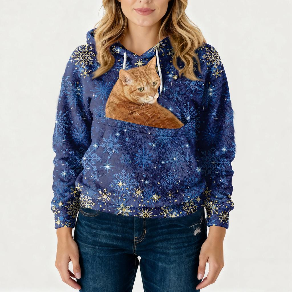 Women's Fashionable Casual Fleece Lined Long Sleeve Pocket Hooded Printed Sweatshirt