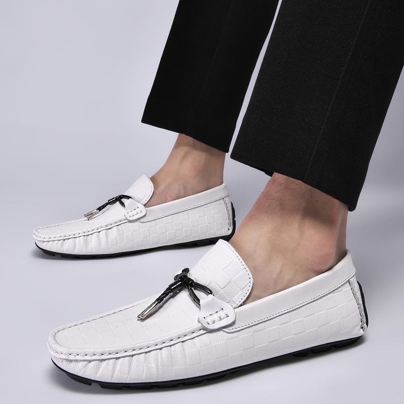 Men's Casual Spring Cowhide Slip-on Loafers, Embossed Leather Driving Shoes, Large Size