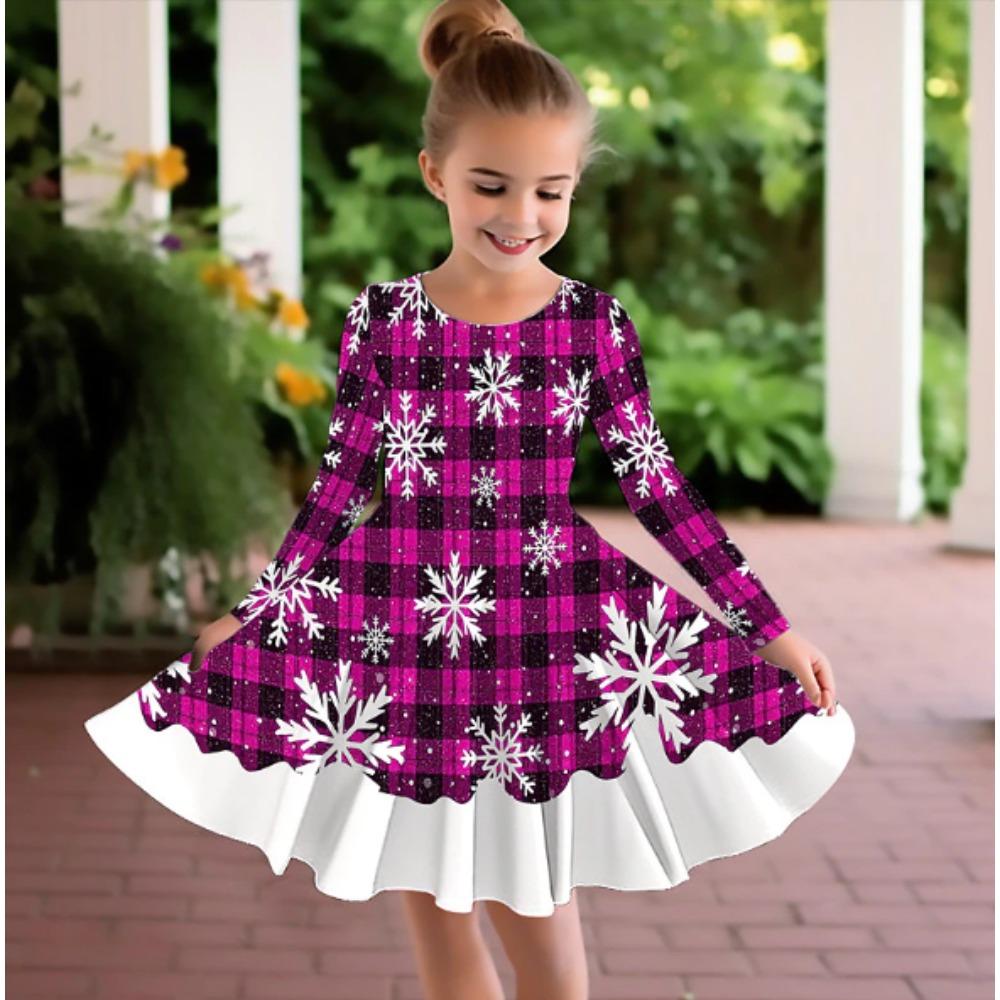 Vestito Casual da Bambina con Stampa 3D Fiocchi di Neve Girocollo Manica Lunga Vestito da Principessa per Bambini