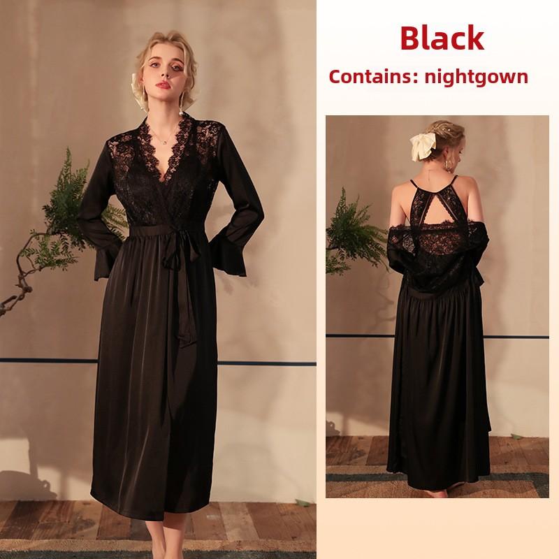 Satin Pajamas Women's Sexy Lace Light Luxury Long-sleeved Cool Nightgown Bathrobe Loungewear