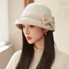 French Style Splicing Fisherman Hat Winter Warm Bow Decor Elegant Lady Hat