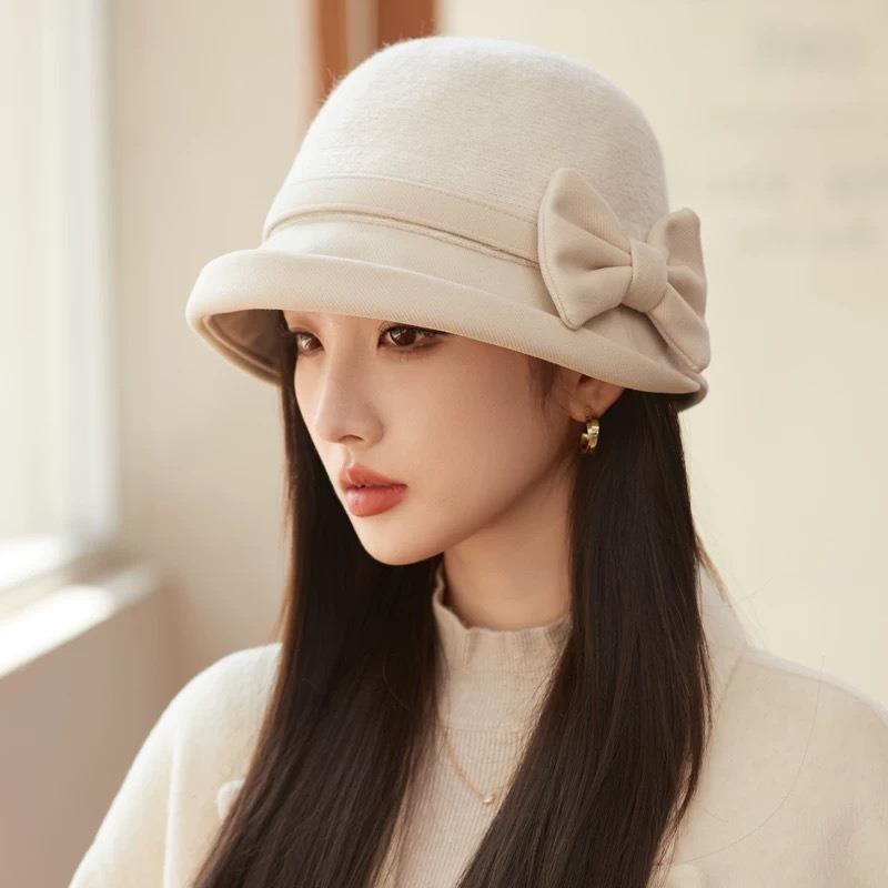 French Style Splicing Fisherman Hat Winter Warm Bow Decor Elegant Lady Hat