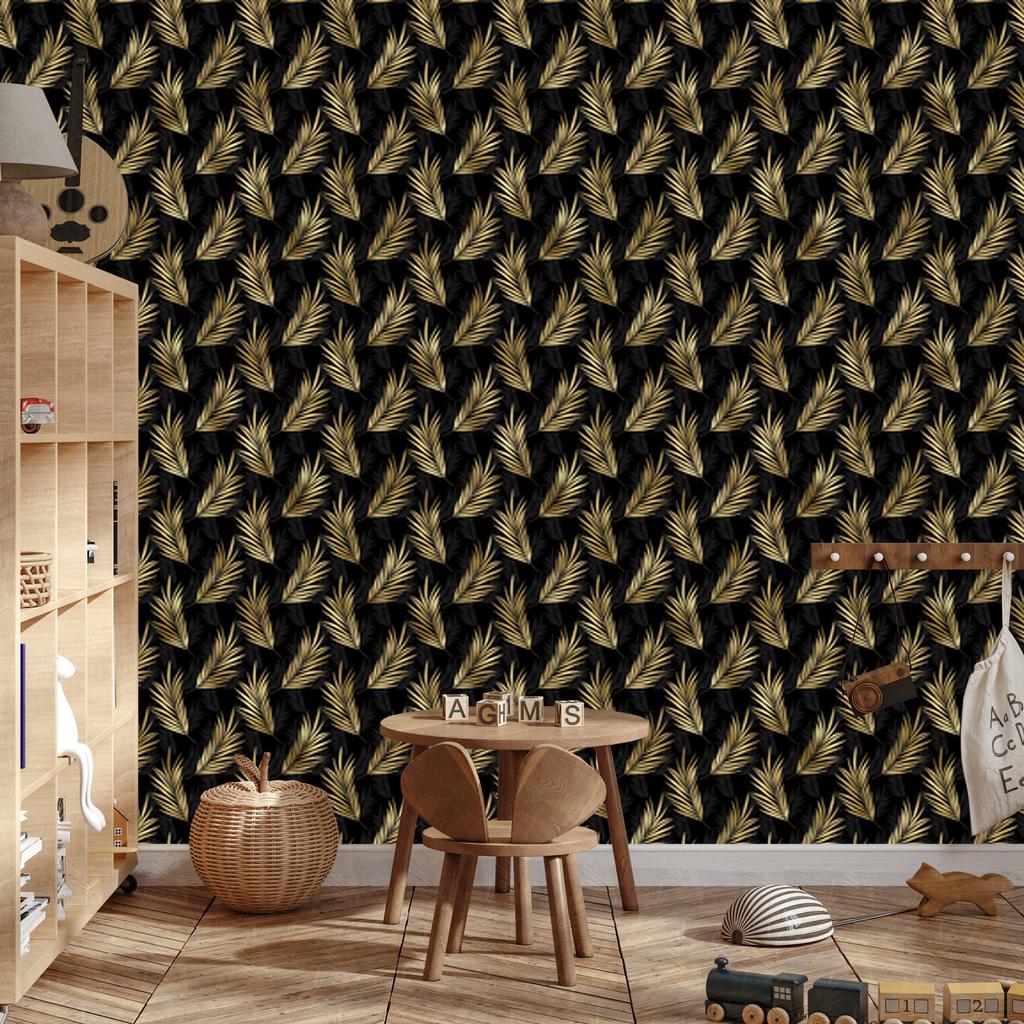 Black and Gold Tropical Ochre Pattern Wallpaper, Ochre Center 50x1000