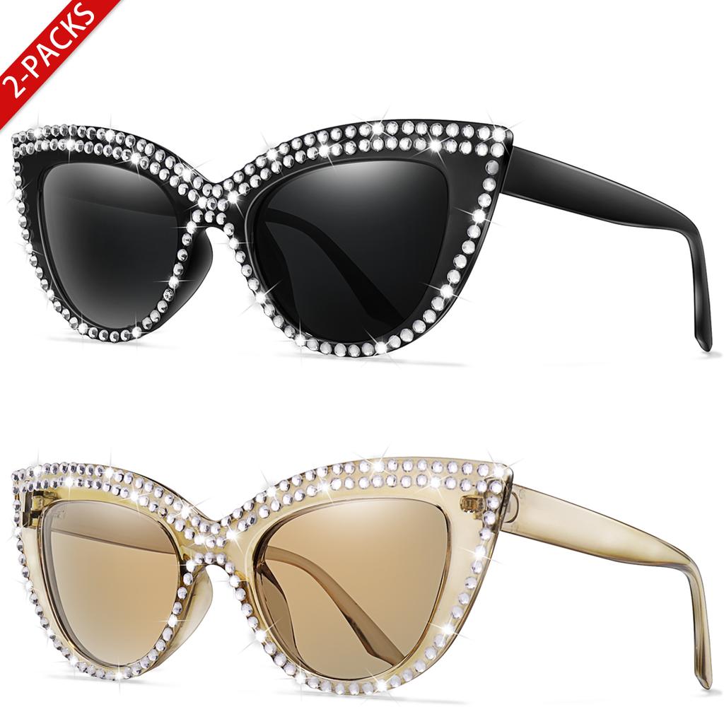 2 Pairs Trendy Glasses for Women Cat Eye Limation Diamond Beautiful Streetwear Decoration Eyewear for Party, Travel Vocation