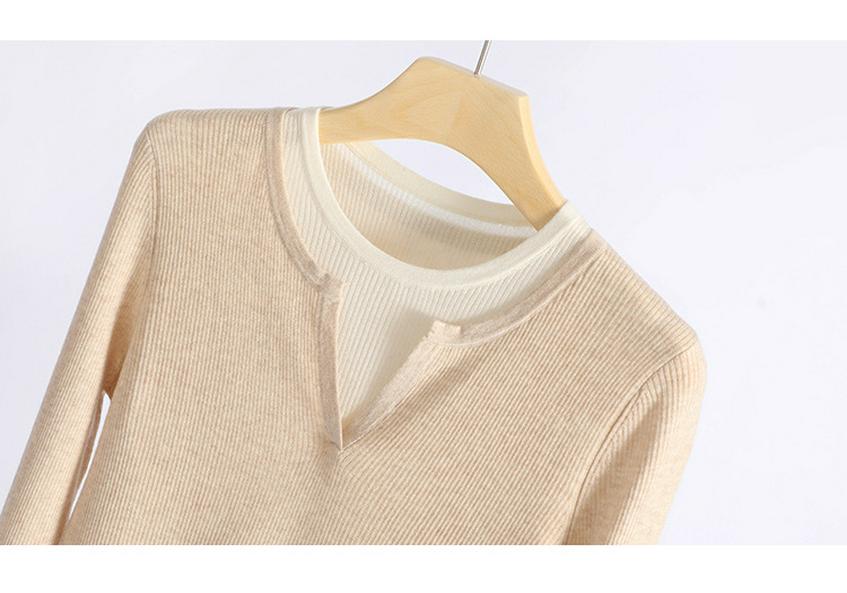 Women's 60s Fine Wool Color Block Sweater, Slim Fit, Elastic Round Neck, Fake Two-Piece Knitwear for Spring & Autumn