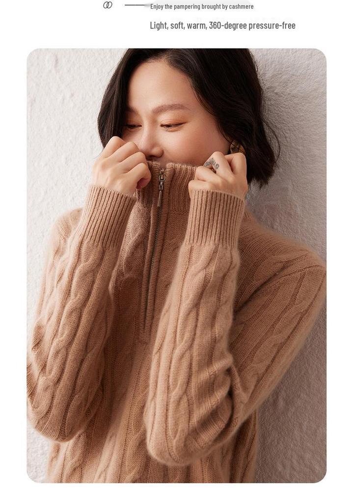 Women's Thickened Cashmere Stand Collar Zipper Sweater - Soft, Warm Cable Knit for Autumn/Winter