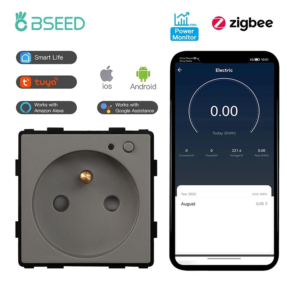 BSEED Zigbee French Socket Power Monitor Smart Plug Tuya Smart Life Alexa App Glass Frames Function Parts  Free Combination