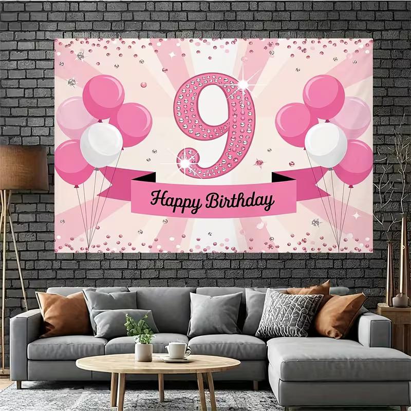 2D Elegant Pink 9th Birthday Background Cloth, Diamond Number Party Tapestry