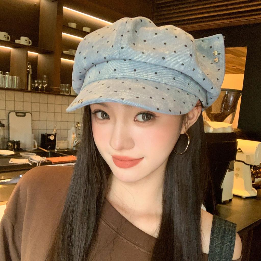 Polka dot cat ear octagonal hat women's fashion versatile square face show face small newsboy hat beret painter hat