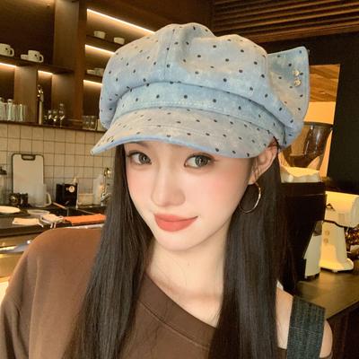 Polka Dot Cat Ear Octagonal Hat Women's Fashion Versatile Square Face Show Face Small Newsboy Hat Beret Painter Hat