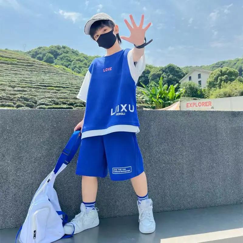 Junior Boys Summer Suit Children s Fashion Patchwork Short Sleeve Shorts Sports Suit Clothing Trend 120