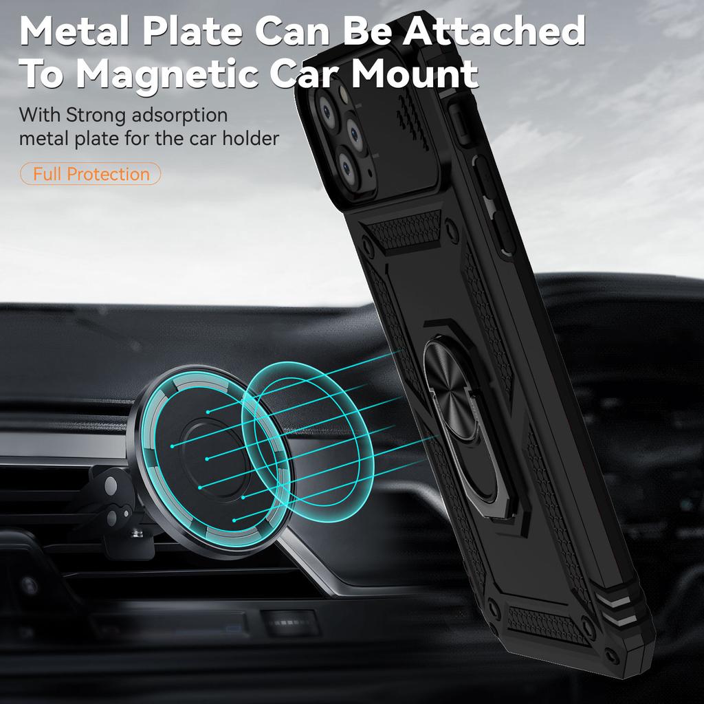 For iPhone 11 Pro Case Kickstand PC+TPU Hybrid Phone Shell with Camera Slide Cover