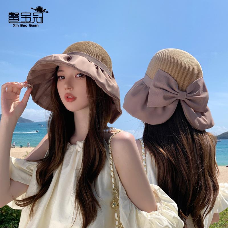 8457 summer outdoor sunscreen sunshade straw hat big brim bow sun hat children versatile fashion bucket hat tide
