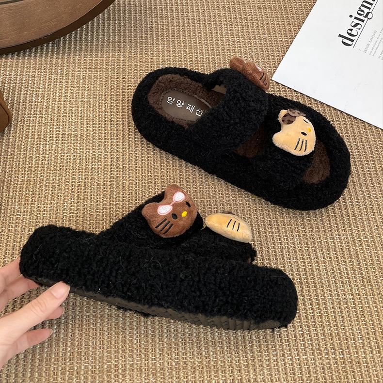 Cute cartoon black non-slip thick-soled fluffy slippers for women's outer wear 2025 new autumn and winter versatile soft bottom one-word drag