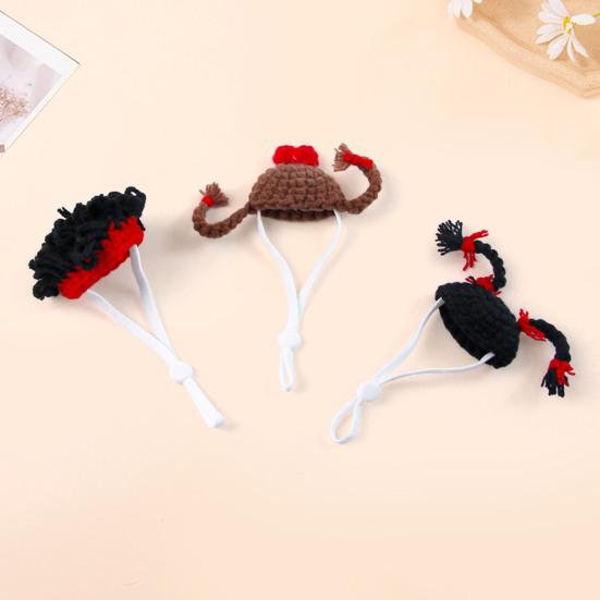 Knitted Hamster Hat Pets Big Hair Double Braid Hat with Adjustable Strap Hairstyle Mini Hat for Guinea Pig Small Animals Photography Party Costume