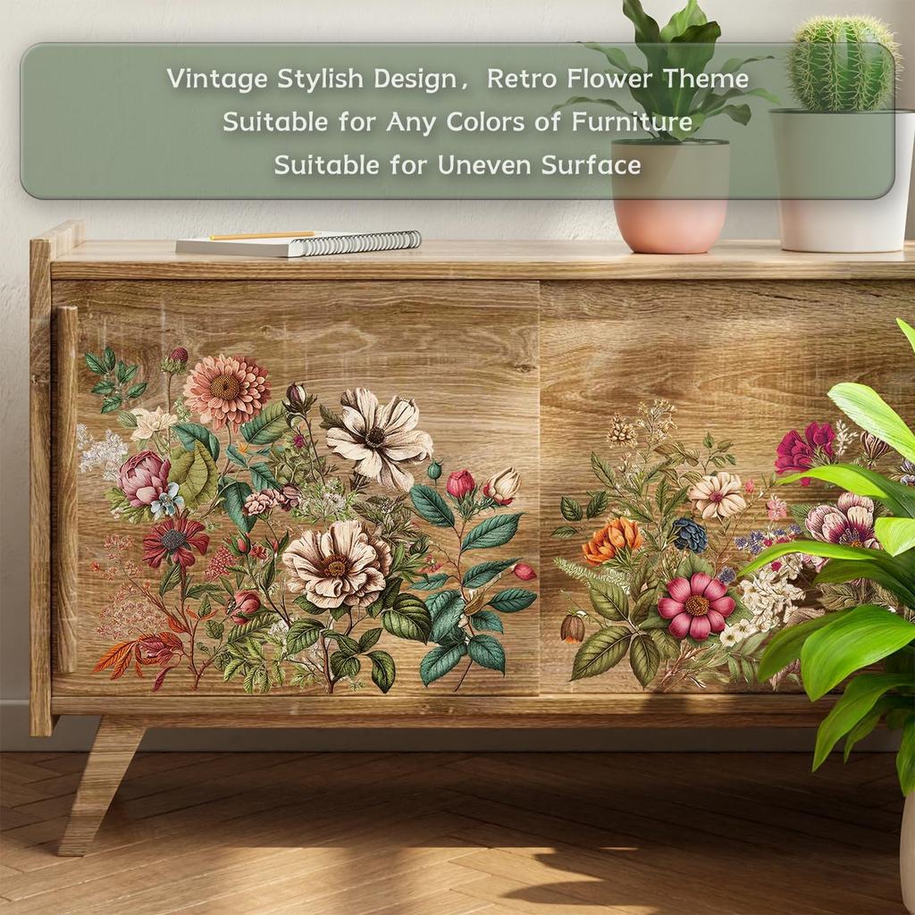 Vintage Stylish Design Rub on Transfers for Furniture, Matte Finish Floral UV DTF Stickers, Unique Patterns for DIY Nightstand, Wardrobe, Cabinet,