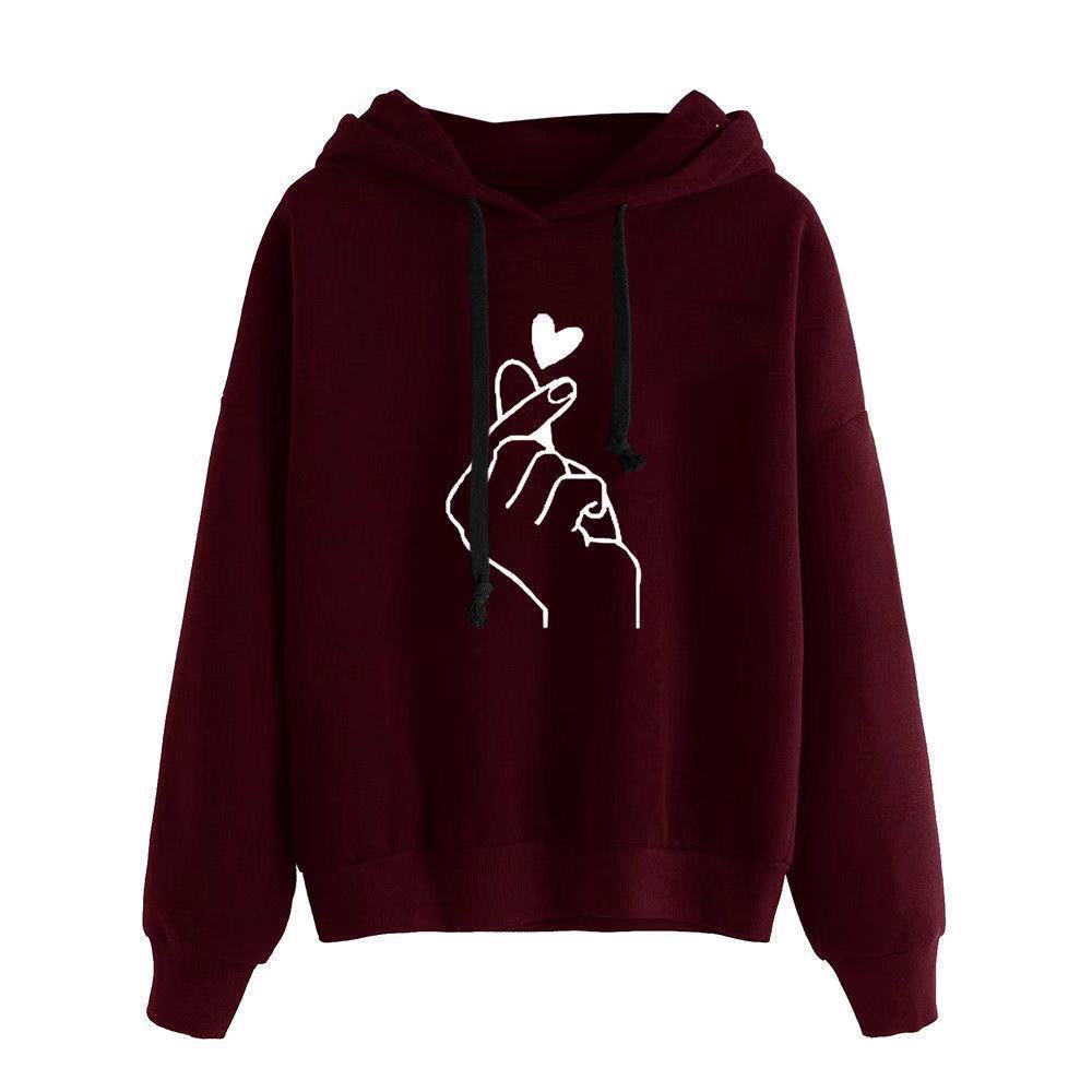 2021 autumn and winter new large-size women's clothing European and American loose casual printing than heart printing hooded women's sweater trend
