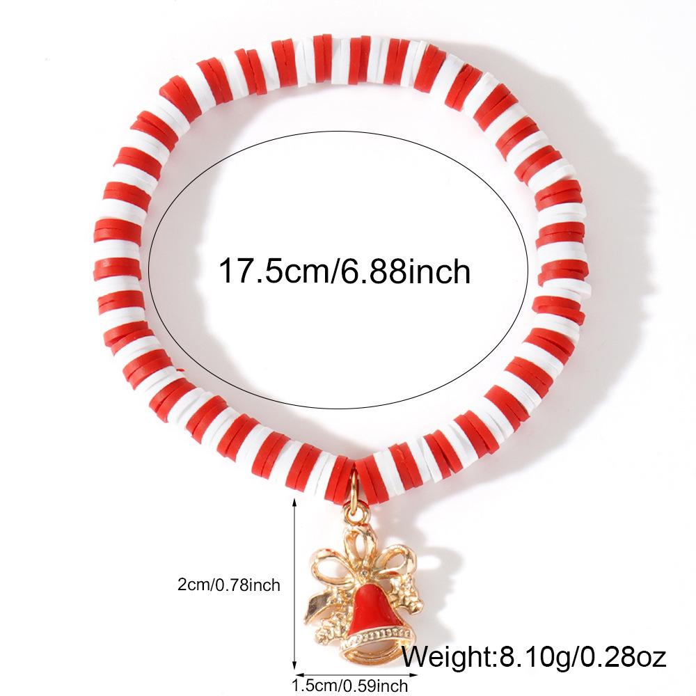 Christmas Clay Beaded Bracelet with Tree, Snowman, Bell & Reindeer Pendants In Red, White & Green - Festive Hand Jewelry