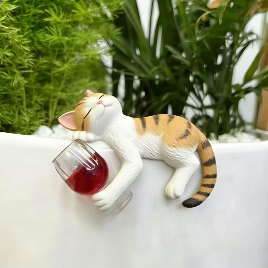 Cute Drinking Cat Figurine Kitten Holding Wine Glass Statue Resin Lying Kitty Ornament for Garden Planter Balcony Indoor Outdoor Shelf Decor