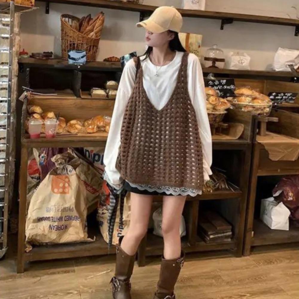 VAYLA Simplicity Lace Patchwork Loose T Shirts Spring Autumn New Long Sleeve High Street Solid Tops Harajuku Fashion Women Clothing