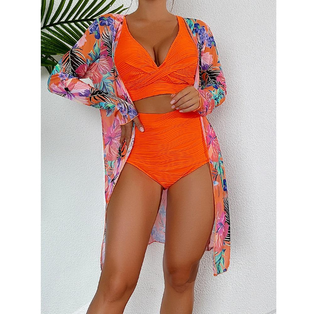 Kvinner tredelt bikinisett Høy midje shorts badedrakter Langermet utskrift Cover Ups Beach Biquinis feminino