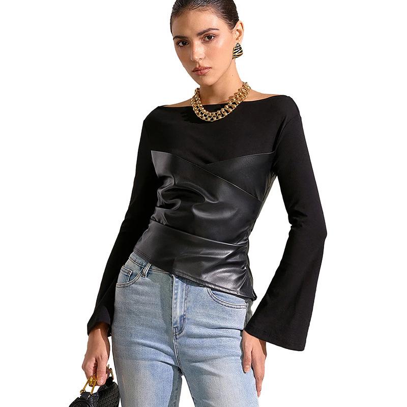 Autumn Bell Sleeve Faux Leather Patchwork Knit Top for Women