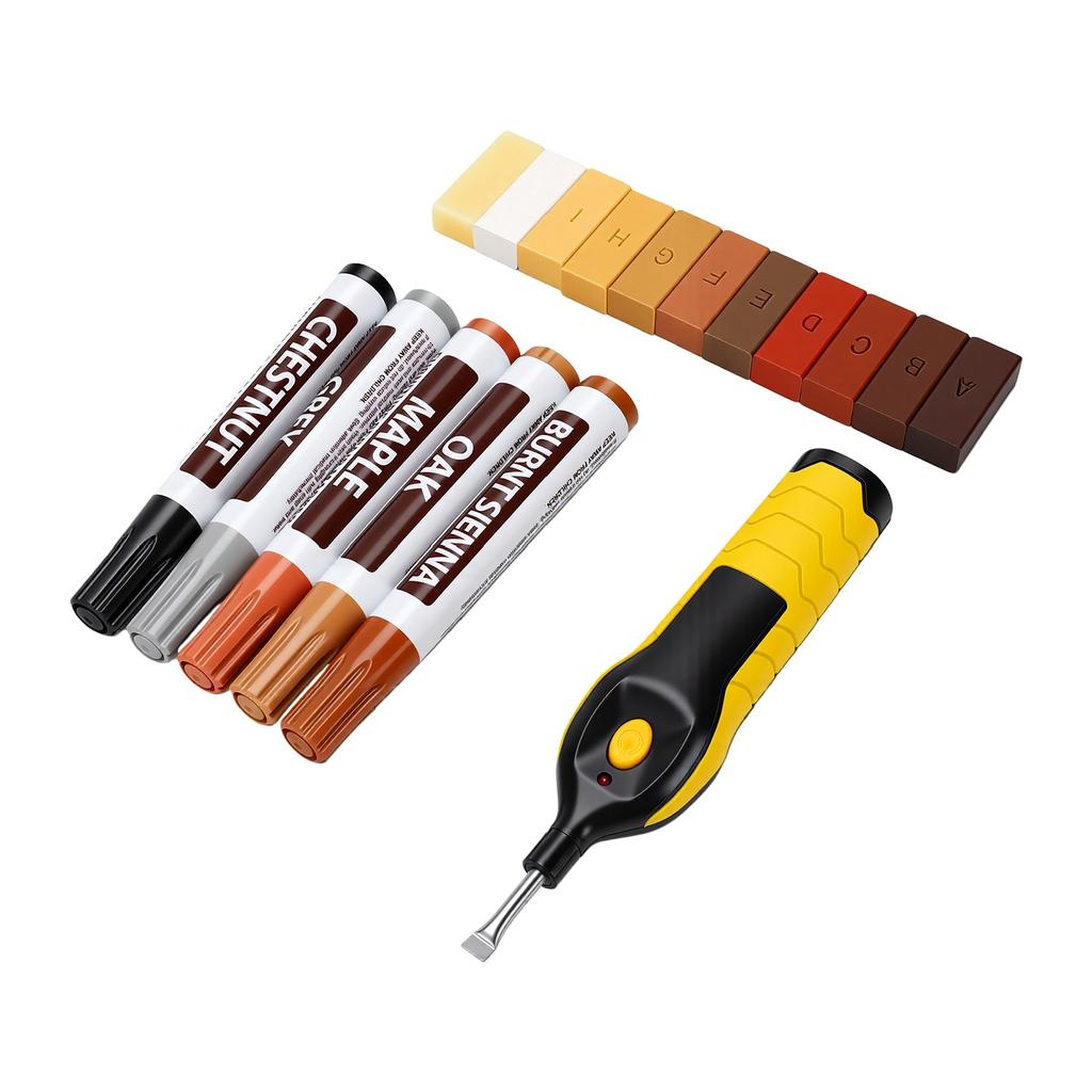 Laminatboden Reparaturset Heißschmelz Reparaturstift 11 Farben Wachsstift 5 Farben Möbelmarker zum Ausbessern von Bodenrissen