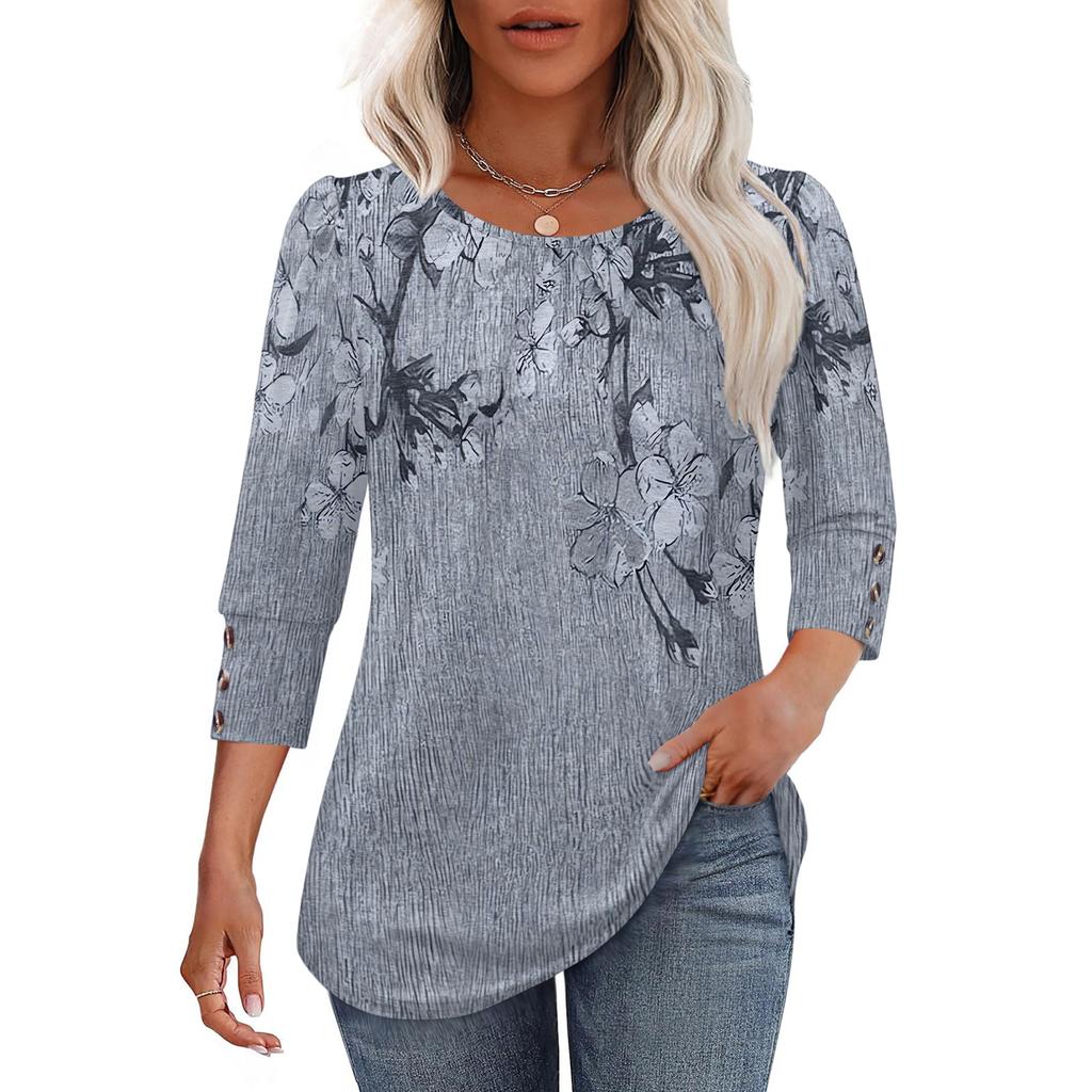 Women's Casual Loose Fit Round Neck Top Three Quarter Sleeve Blouse Lightweight Floral Print Shirt with Button Detail