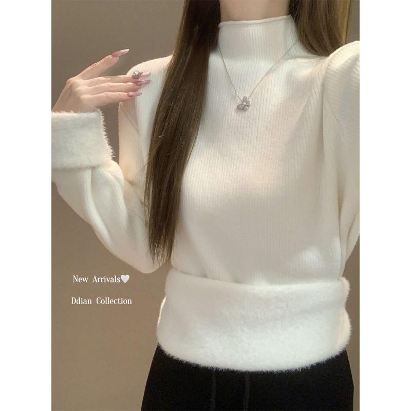 Semi-turtleneck Knitted Sweater Women's Spring Fleece Thickened Inner Backing Top Basic Casual Versatile Sweater
