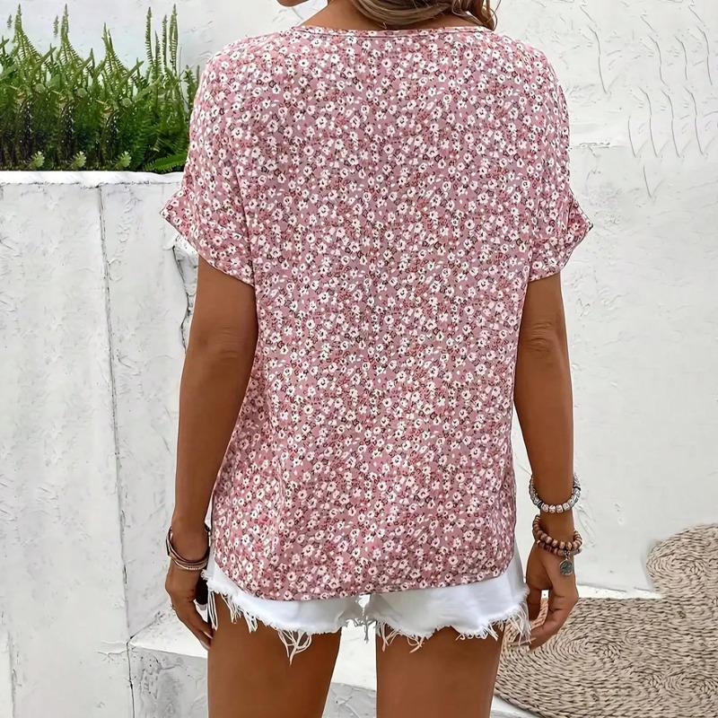 Summer Printed Women's T-shirt Elegant Floral Buttons Short Sleeve Loose Casual T-shirts Women Fashion Vintage Office Ladies Pullover Tee Tops New