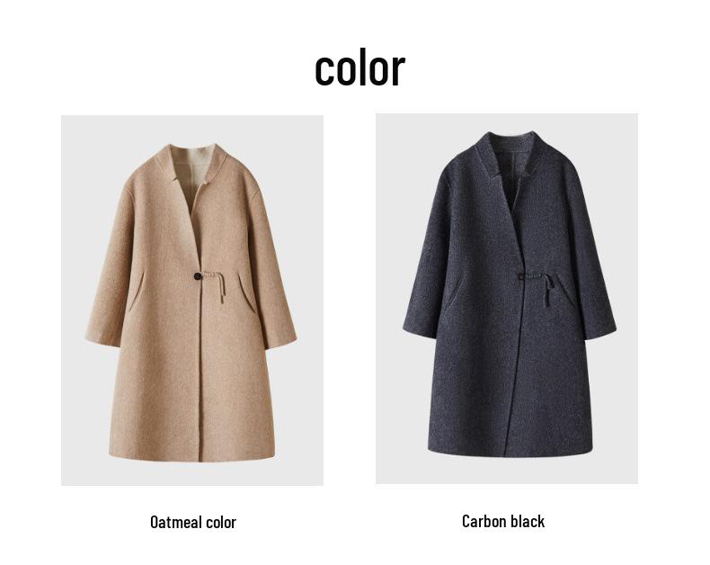 2025 Women's Mid-Length Wool Coat with Stand-Up Collar - Double-Faced Cashmere for Autumn/Winter