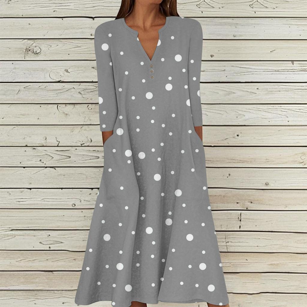 Women's Summer Casual V-Neck Button Retro Polka Dot Print Three-quarter Sleeve Long Dress With Pockets