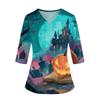 Women's V Neck Costume Top with Pockets Side Slits 3/4 Sleeves Halloween Print for Party