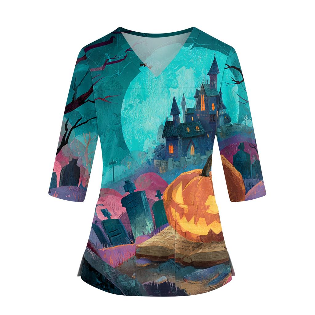Women's V Neck Costume Top with Pockets Side Slits 3/4 Sleeves Halloween Print for Party