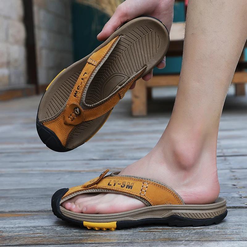 Fashion Genuine Leather Men Flip Flops Outdoor Thick Bottom Beach Shoes Comfortable Men Summer New Male Slides Luxury  Slippers Man