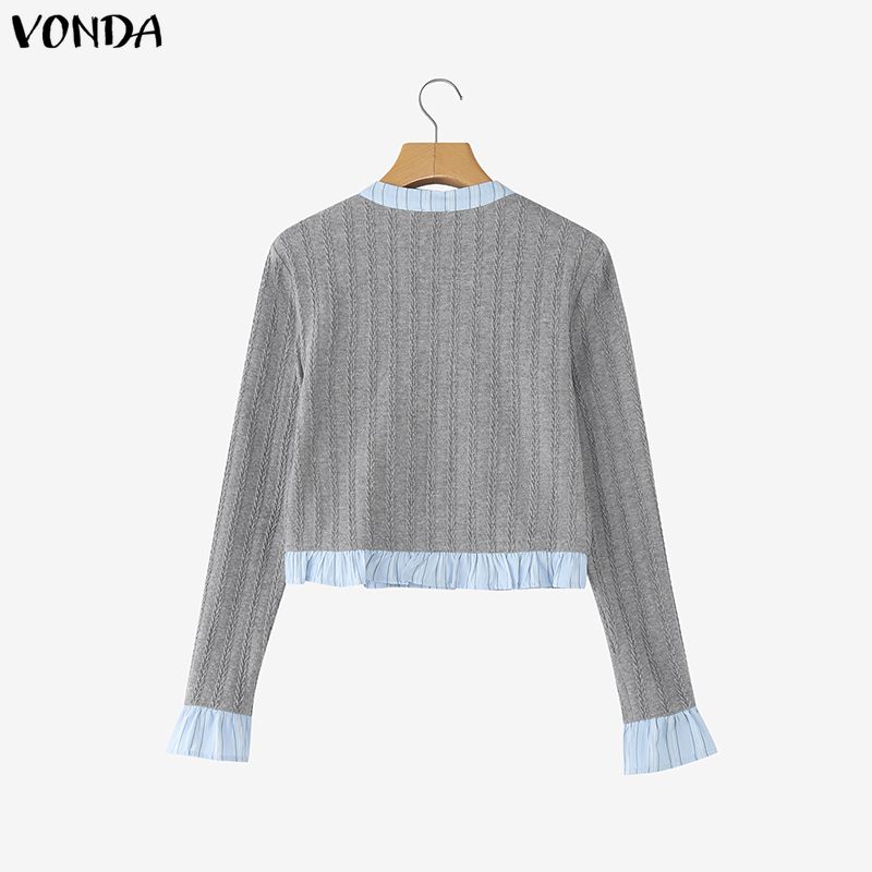 VONDA Womens Crew Neck Striped Stitching Texture Casual Cropped Fitted Tops Blouse
