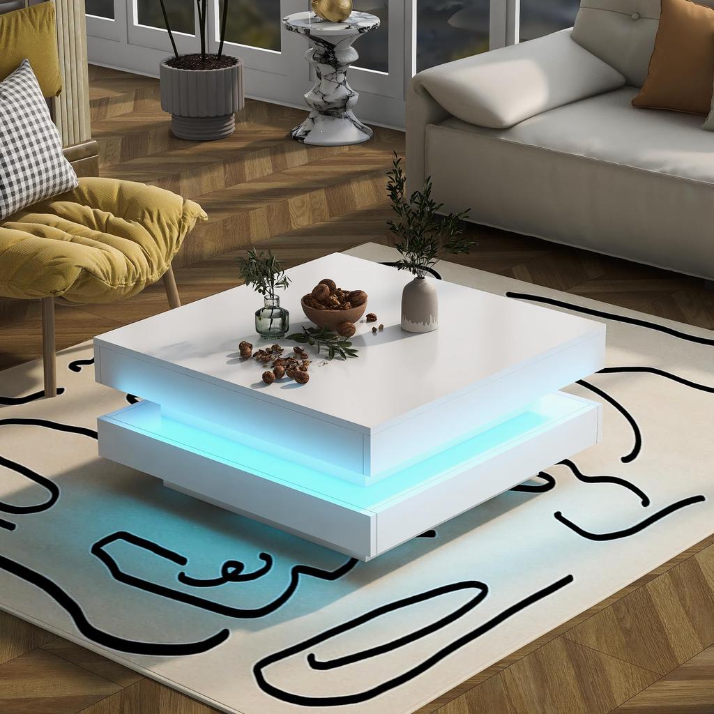 Coffee Table White High Gloss Modern Swivel Top, White 16-Color LED Lighting, Techno Style, Sofa Table, Coffee Table, 70x70x36cm