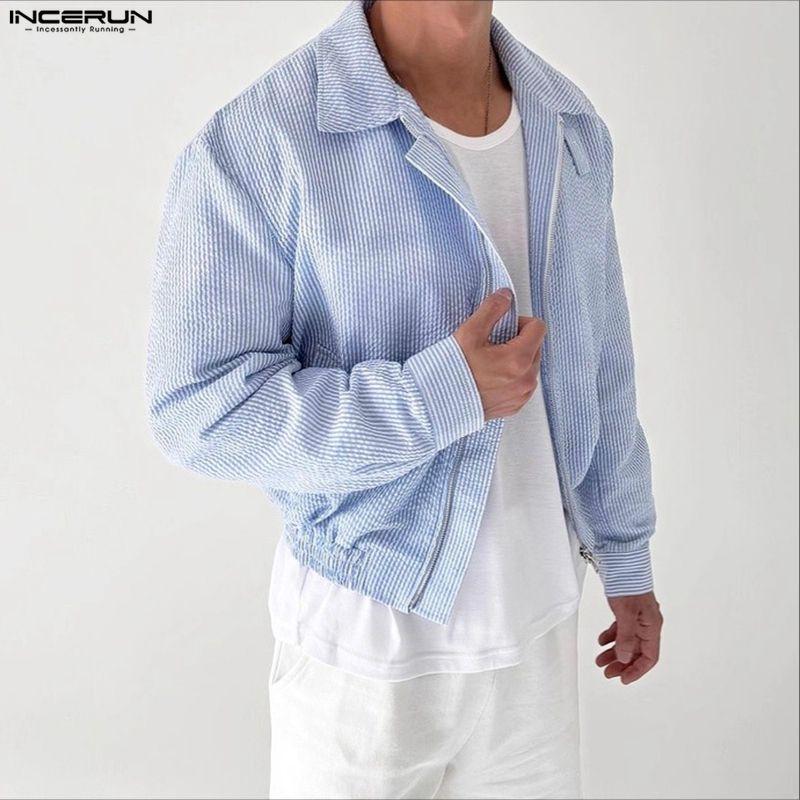 INCERUN Men Lapel Long Sleeve Zipper Up Striped Cropped Jackets Short Coats