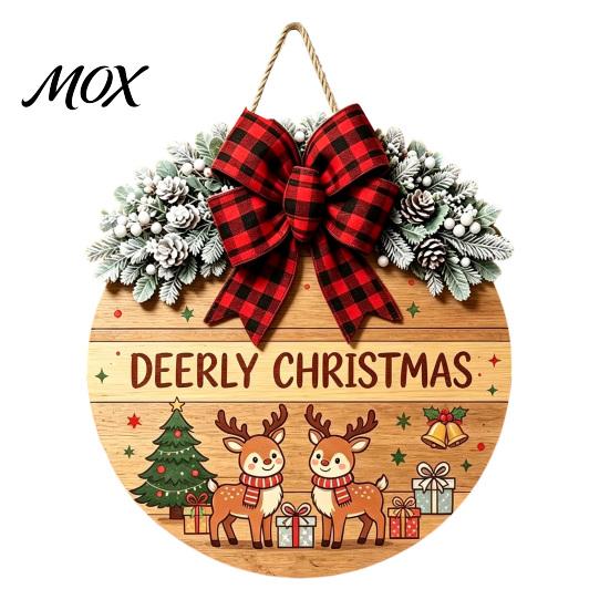 Festive Home Decoration Christmas Wooden Welcome Sign for Front Door, Round Hanging Ornament with Rustic Winter Wreath Artificial Pine Branches & Bow