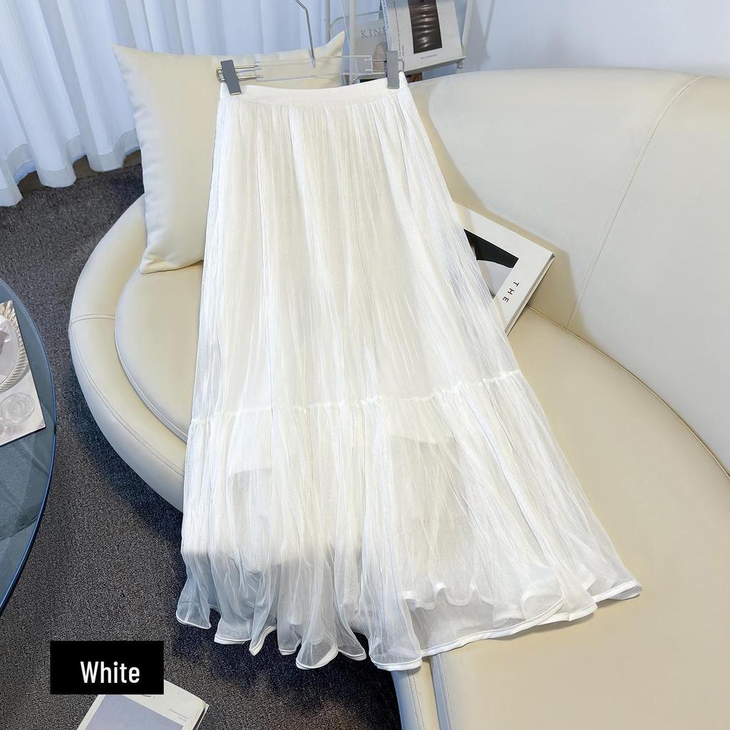 White Mesh Midi Skirt for Women - Elegant High Waist Drape Gentle Style