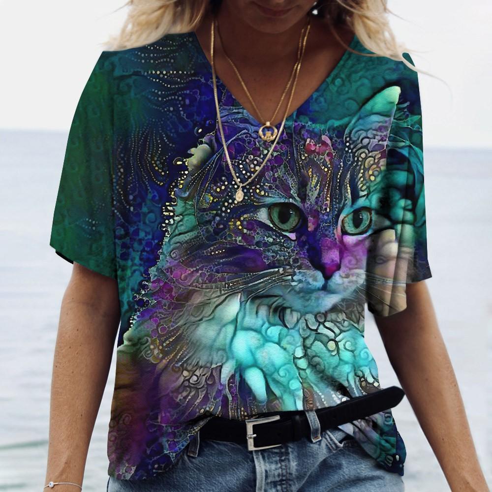 Summer V-neck 3D Cat Printed Top Fashionable Casual Short Sleeved Women's T-shirts