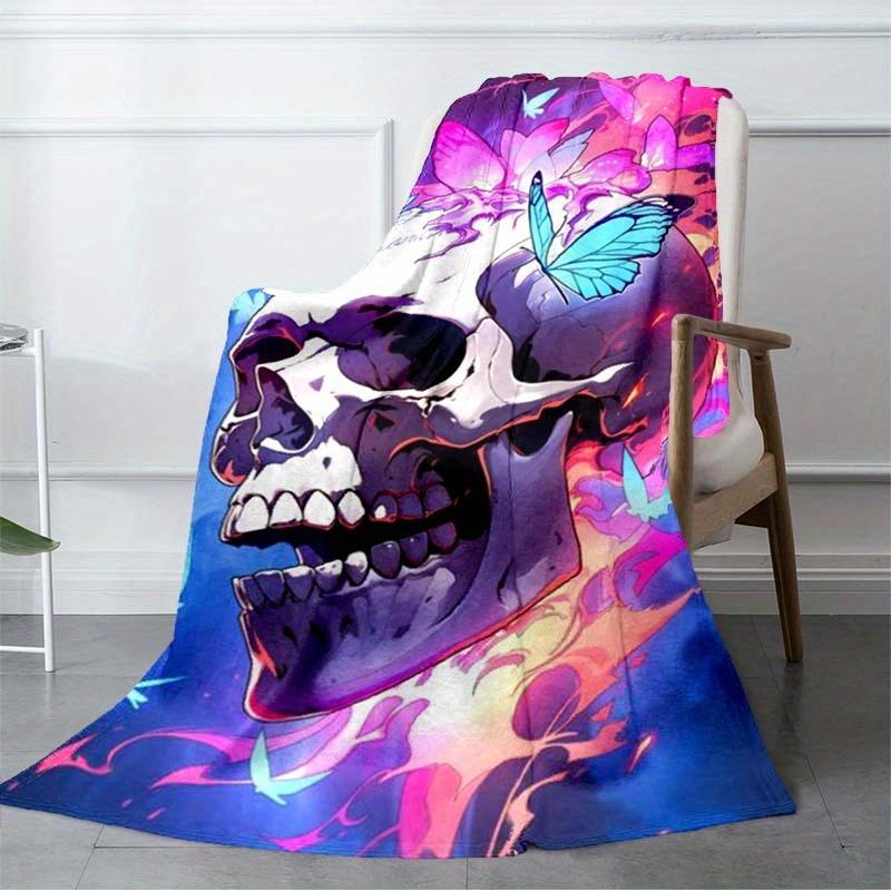1 Piece Blanket Purple Blue Skull Car Interior Blanket Suitable For All Seasons Cozy Warm Soft Blanket Suitable For Sofa Bed Travel Camping Living