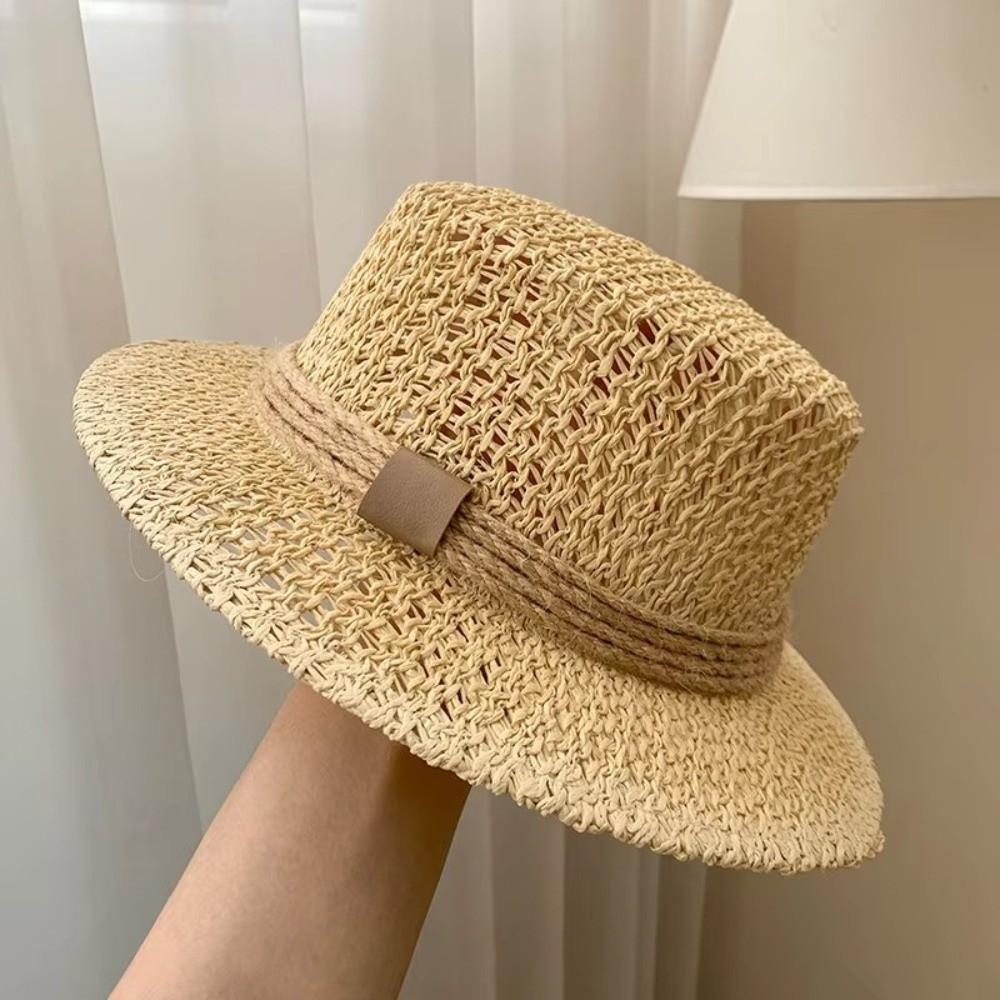 Casual Flat Top Hollow Out Hat Wide Brim Breathable Sun Hat Straw Woven Panama Cap Beach Outings