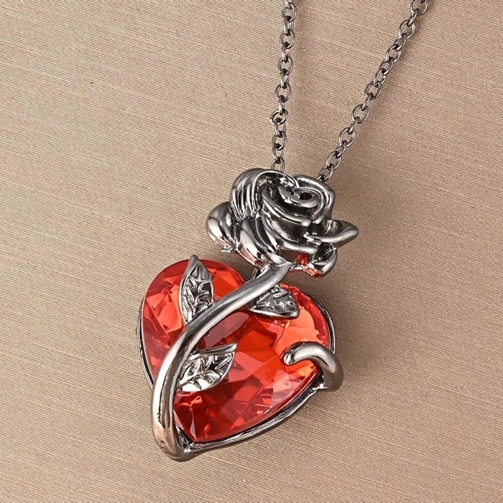 Cute Rose Decor Red Heart Shaped Pendant Necklace, Christmas Holiday Gift Birthday Gift For Teen Girls