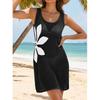 Women's Sleeveless U‑Neck Knit Mini Dress Regular Fit Beach Style Floral Print Cover Up