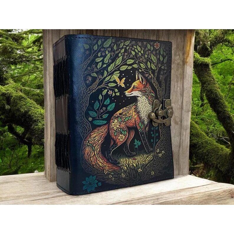 Large Leather Grimoire Journal | Fox Print Spell Book | Blank Book of Shadows | Handmade Leather Journal | Witchcraft Gifts for Him
