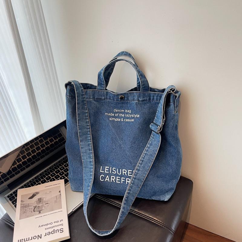 Korean Style Washed Denim Crossbody Tote – Large Capacity with Retro Letter Print (2025 Edition)