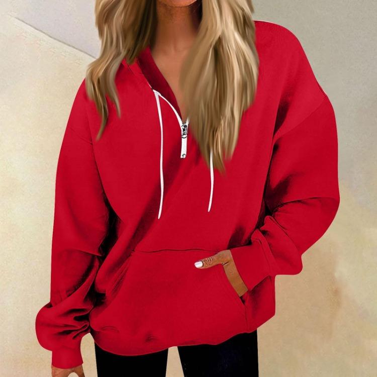 

Long Sleeve Solid Color Hooded Zipper Sweatshirt Top Women Fashion Casual XXXL червоний